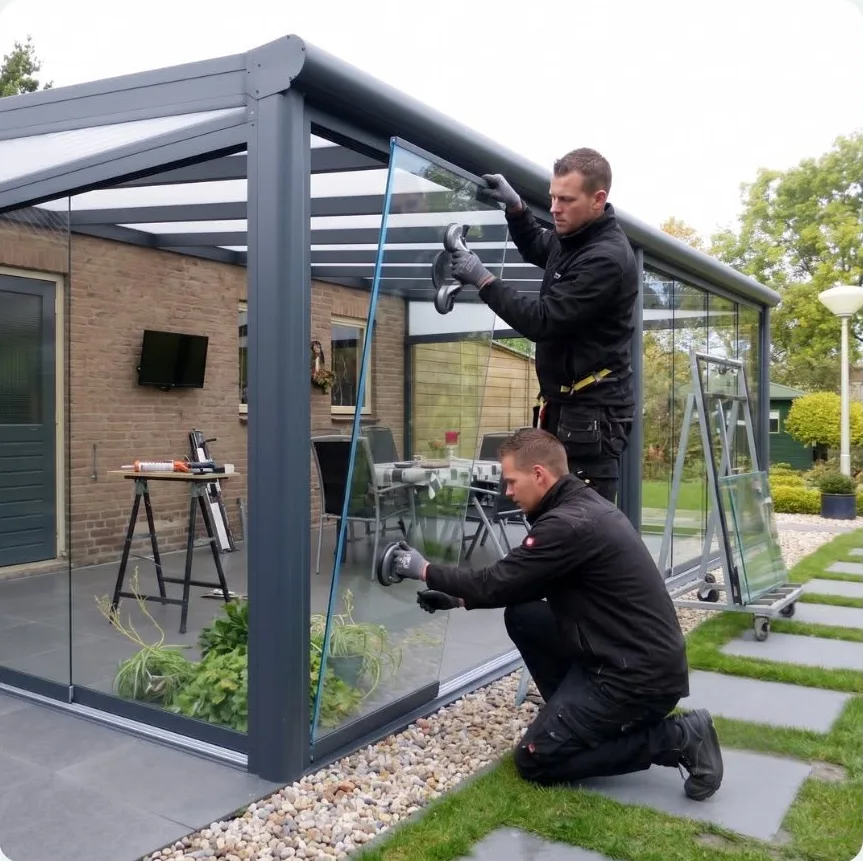 Ace Verandas installers fitting glass panels to an aluminium veranda frame